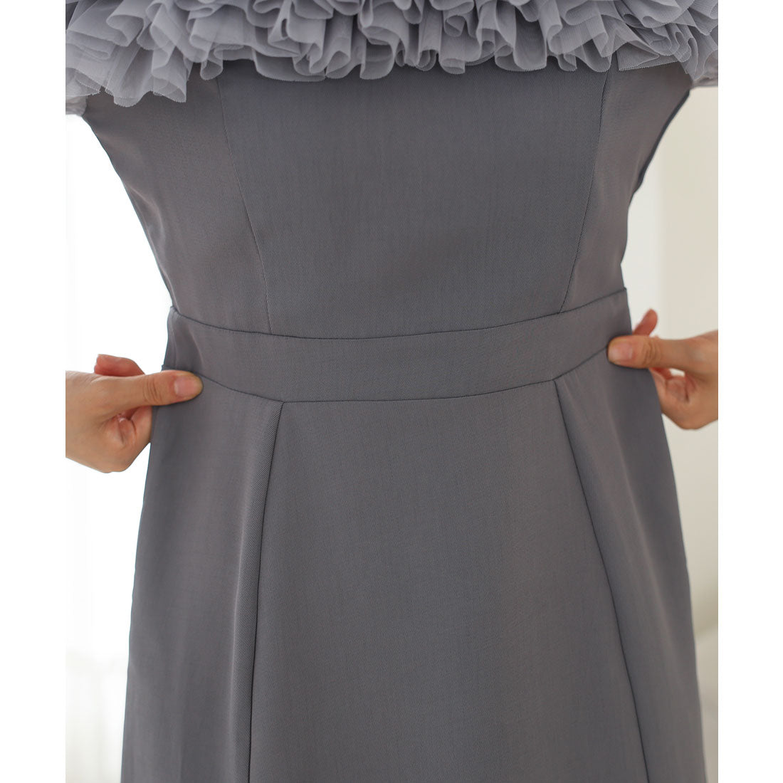 レースレディース Lace Ladies チュールフリル シアー 切り替え フレア ロング ドレス （ブラック） ブラック