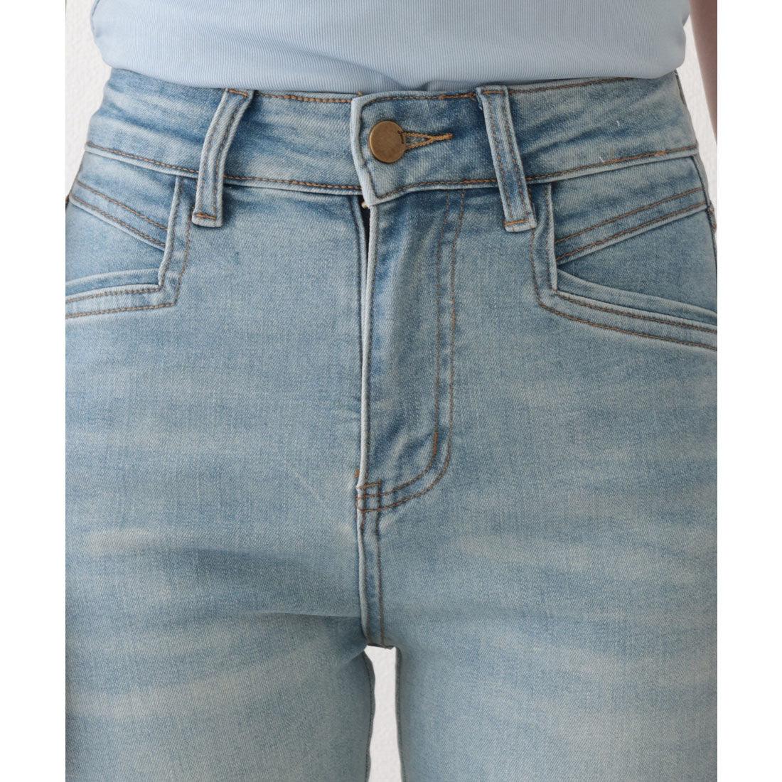 レースレディース Lace Ladies ウォッシュ加工 ハイウエスト レースベルト セミフレア デニムパンツ （ブルー） ブルー