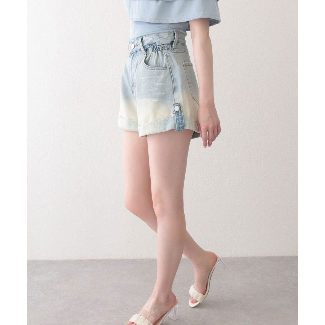 レースレディース Lace Ladies グラデーション ハイウエスト ロールアップ ショート デニムパンツ （ブルー） ブルー