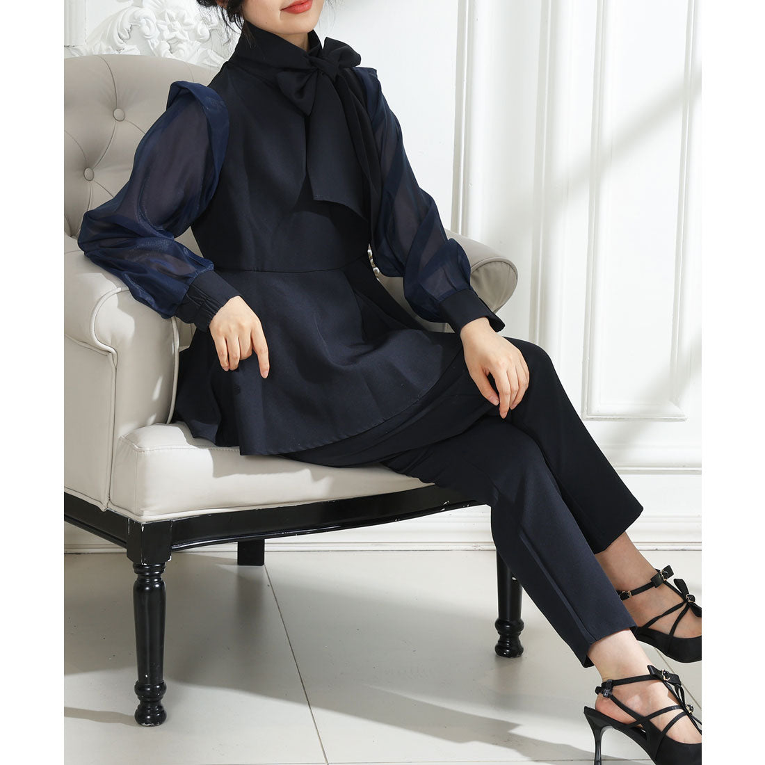 レースレディース Lace Ladies スタンドカラー ボウタイリボン ペプラム ドッキング セットアップ （ネイビー） ネイビー