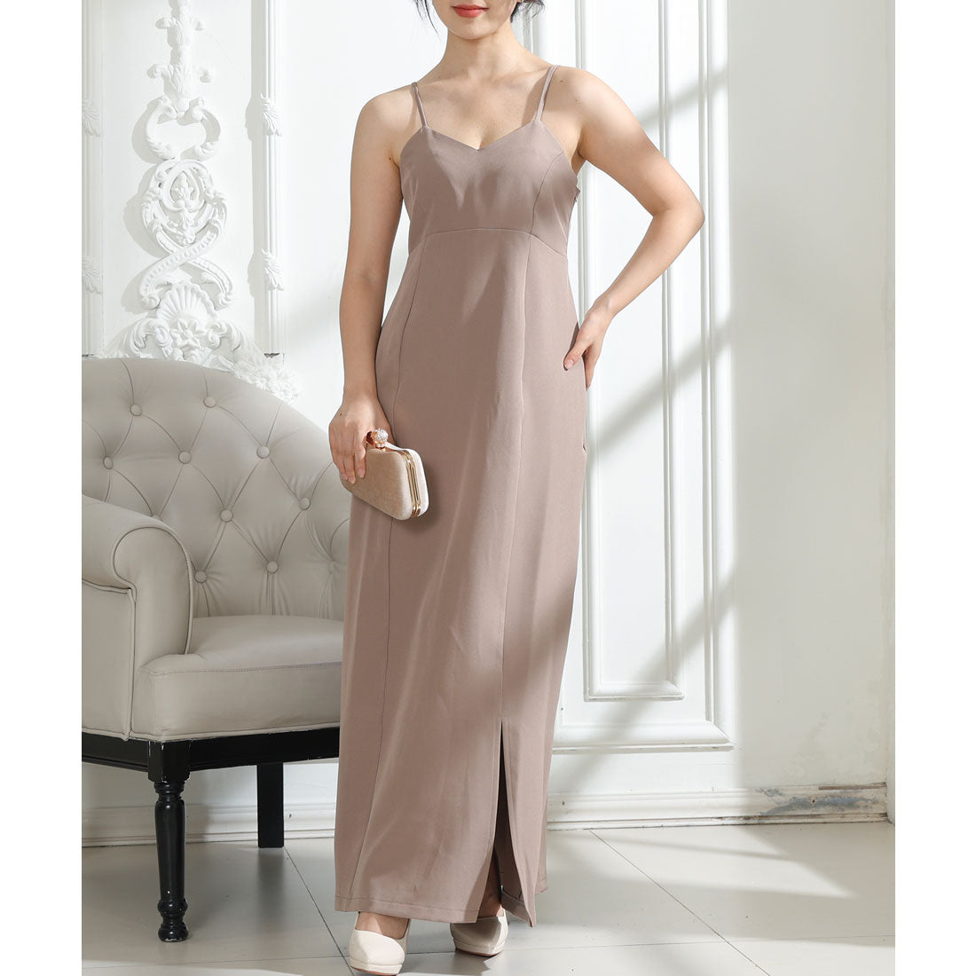 レースレディース Lace Ladies チュールフリル ケープ付き スリット キャミソール ドレス （モカ） モカ