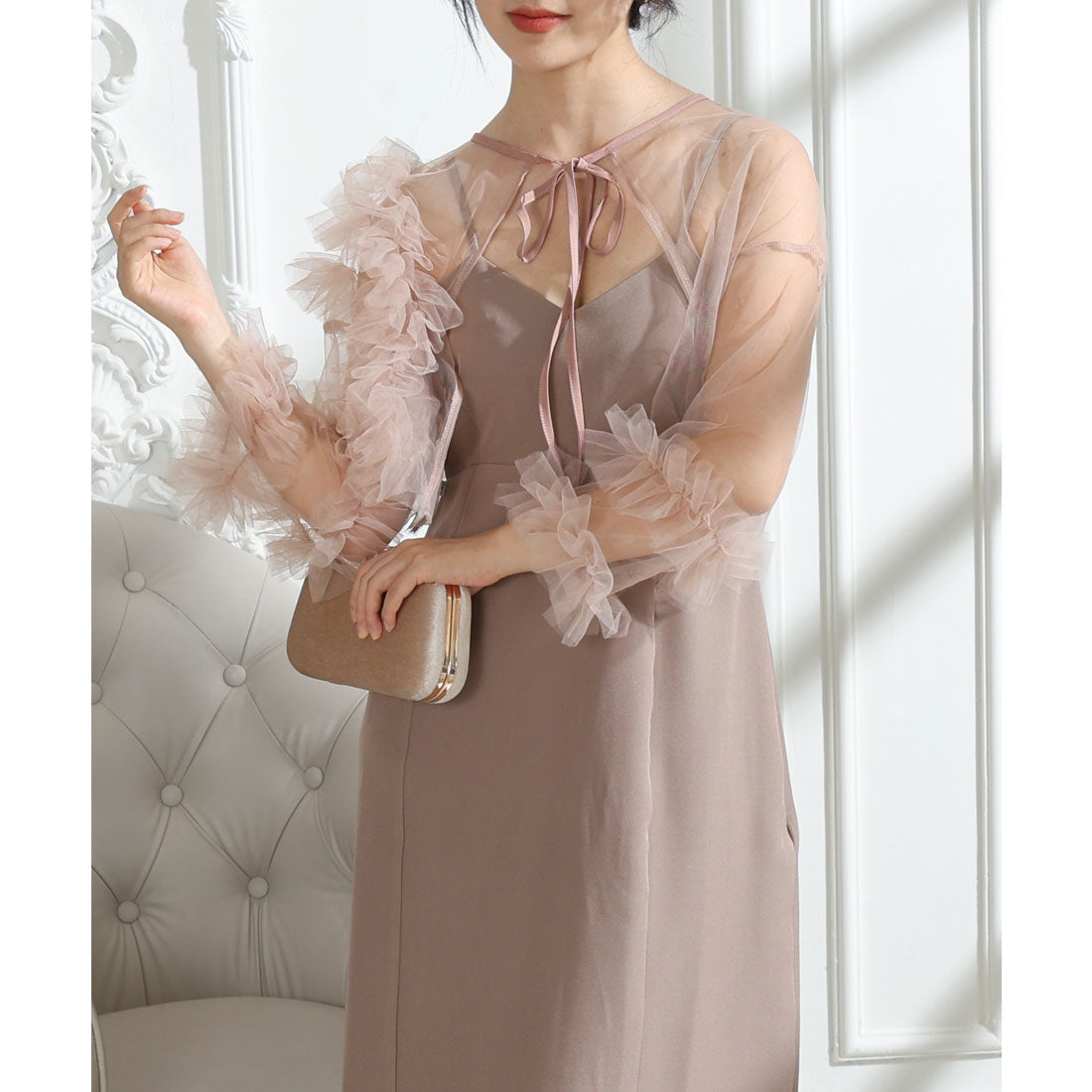 レースレディース Lace Ladies チュールフリル ケープ付き スリット キャミソール ドレス （モカ） モカ