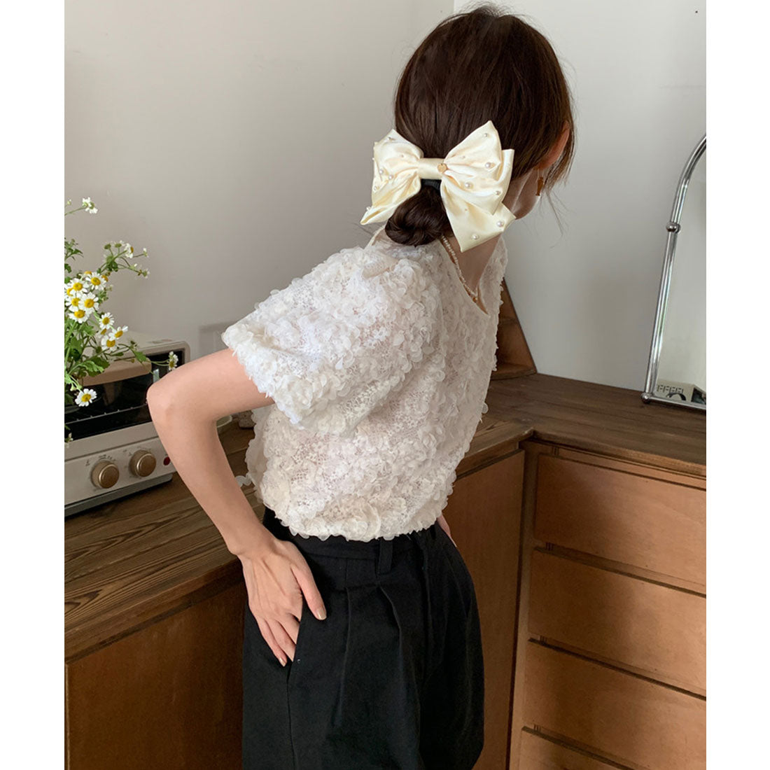 レースレディース Lace Ladies フラワー ジャガード クルーネック パフスリーブ プルオーバー （アイボリー） アイボリー