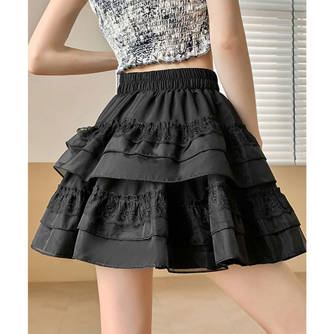 レースレディース Lace Ladies ティアード レース ギャザー ミニ スカート （ブラック） ブラック