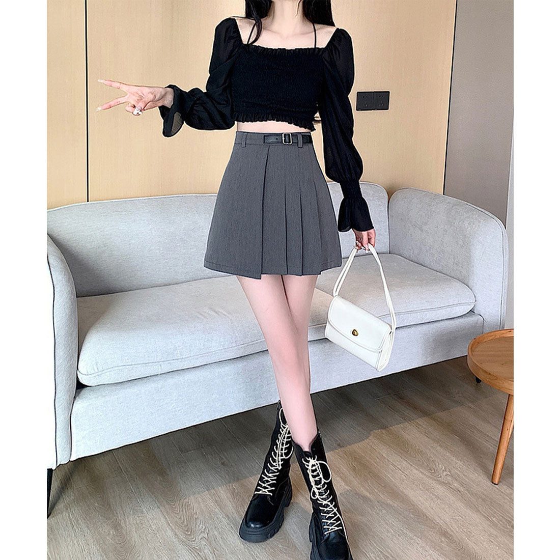 レースレディース Lace Ladies ベルト付き アシメ プリーツ ミニ スカート （グレー） グレー