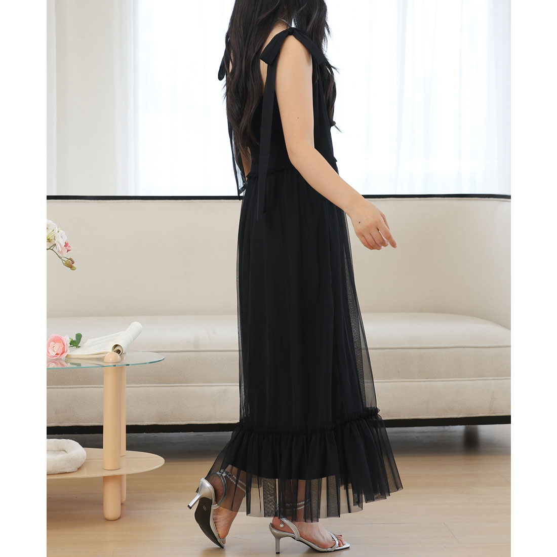 レースレディース Lace Ladies 肩リボン チュール ウエスト シャーリング ロング ドレス （ブラック） ブラック