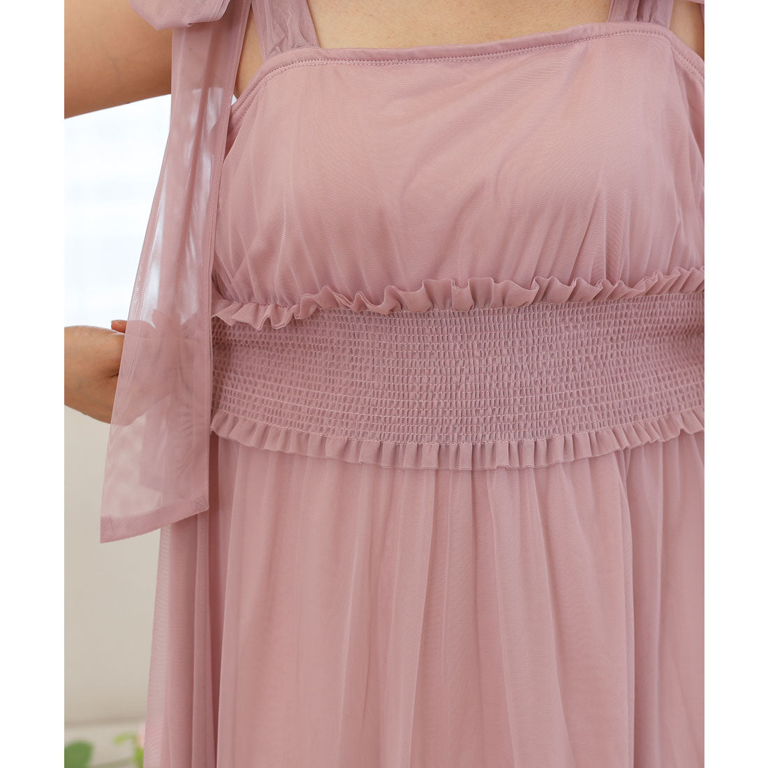 レースレディース Lace Ladies 肩リボン チュール ウエスト シャーリング ロング ドレス （ブラック） ブラック