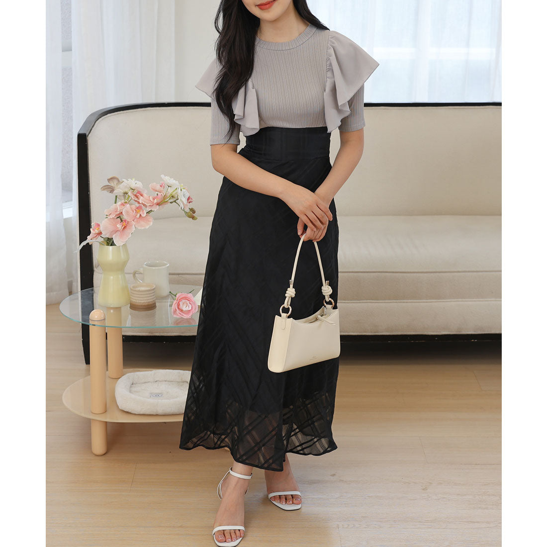 レースレディース Lace Ladies ショルダー フリル シアー チェック ドッキング ワンピース （ブラック） ブラック