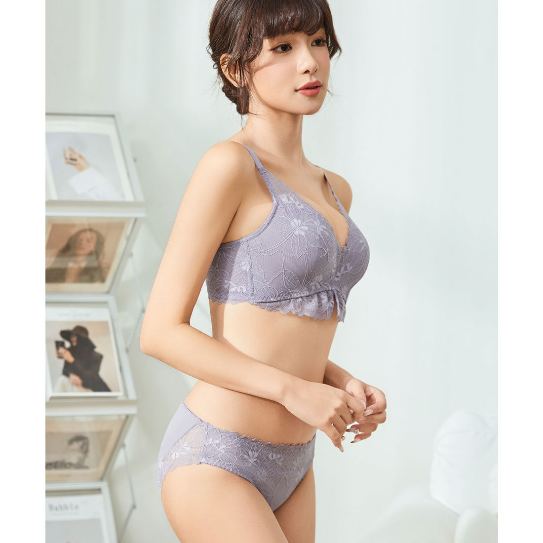 レースレディース Lace Ladies アンダー レース フラワー ブラジャー&ショーツ セット （グレー） グレー