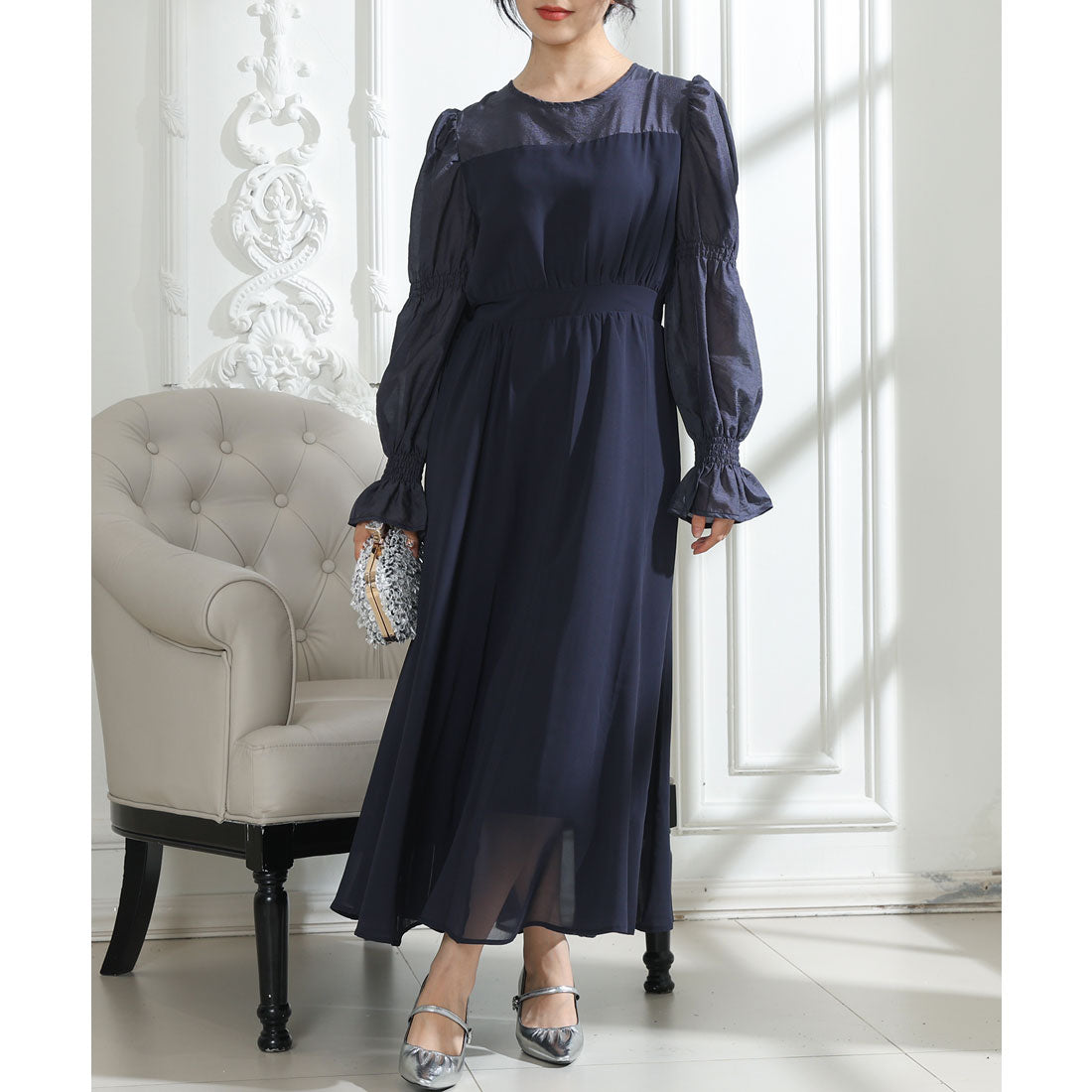 レースレディース Lace Ladies 配色 クルーネック キャンディースリーブ ギャザー ドレス （ネイビー） ネイビー