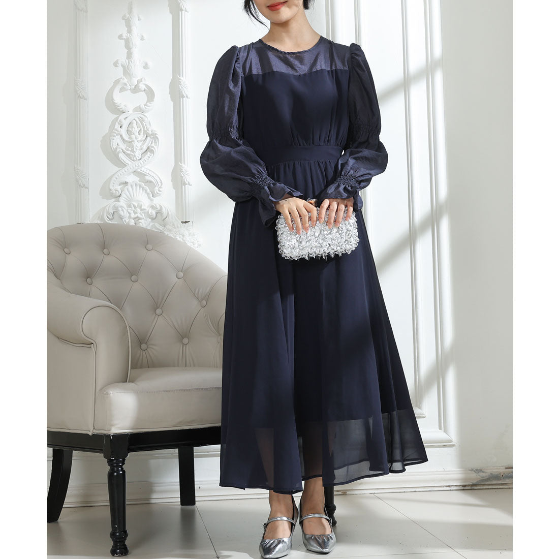 レースレディース Lace Ladies 配色 クルーネック キャンディースリーブ ギャザー ドレス （ネイビー） ネイビー