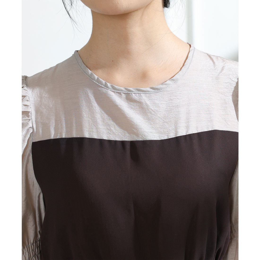 レースレディース Lace Ladies 配色 クルーネック キャンディースリーブ ギャザー ドレス （ネイビー） ネイビー