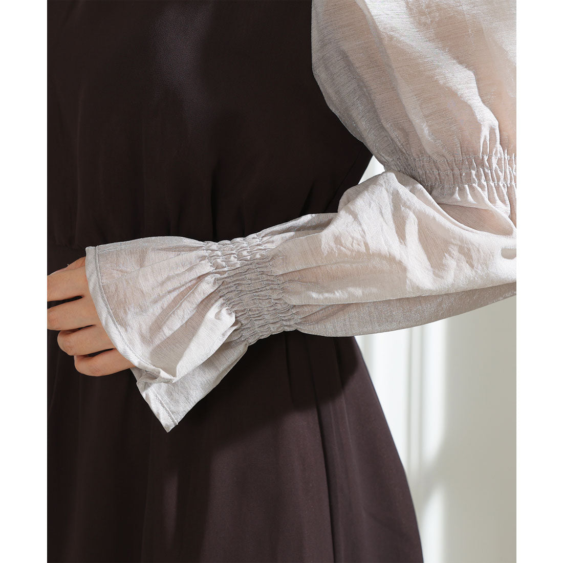 レースレディース Lace Ladies 配色 クルーネック キャンディースリーブ ギャザー ドレス （ネイビー） ネイビー