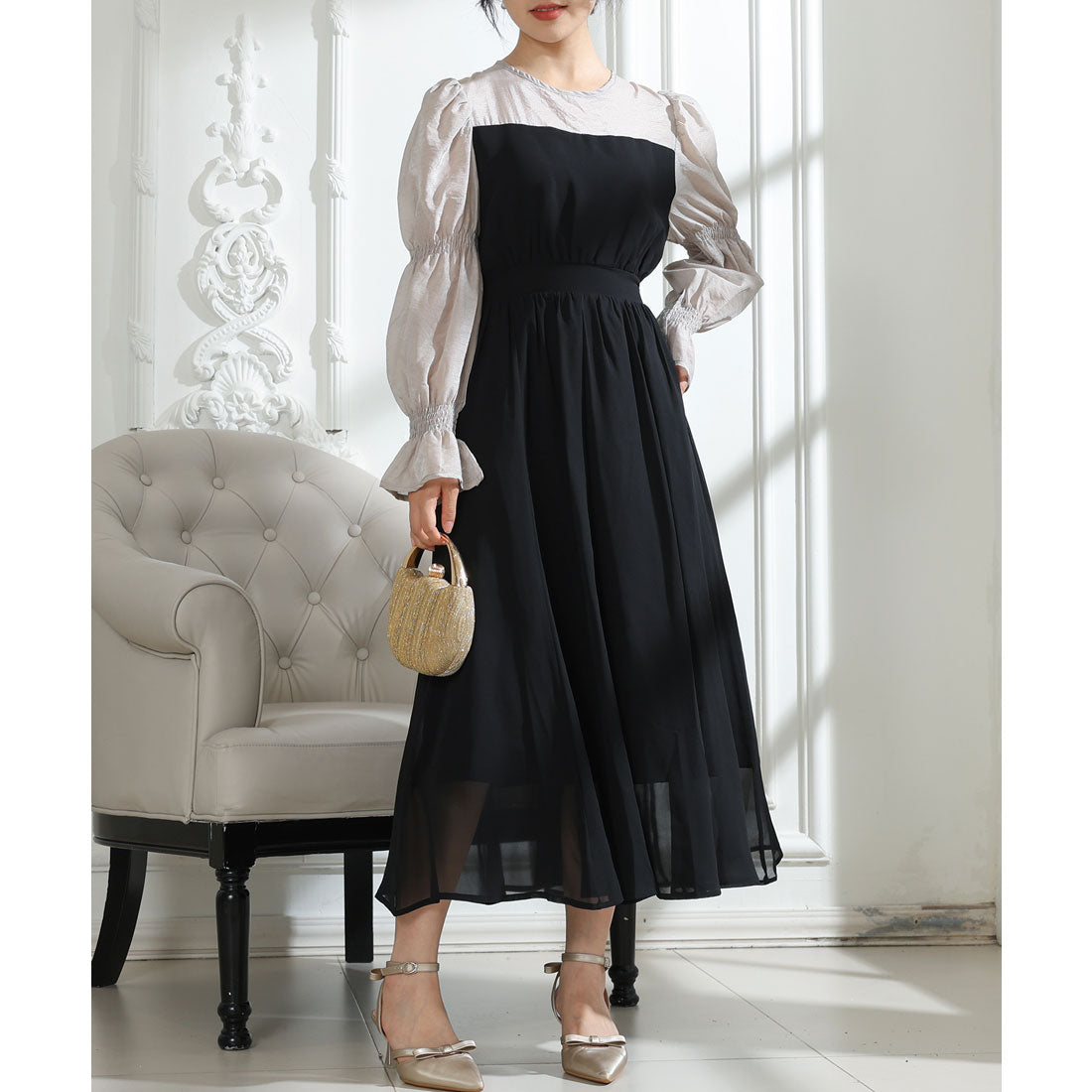 レースレディース Lace Ladies 配色 クルーネック キャンディースリーブ ギャザー ドレス （ブラック） ブラック