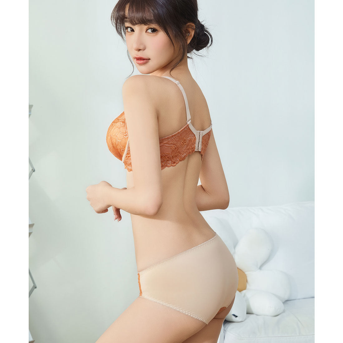 レースレディース Lace Ladies フラワー レース 配色 ブラジャー&ショーツ セット【返品不可商品】 （オレンジ） オレンジ