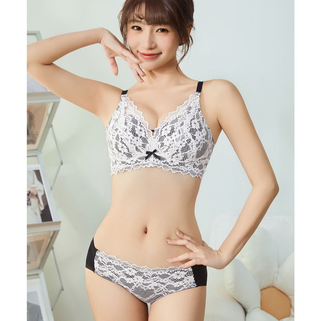 レースレディース Lace Ladies ロマンチック レース リボン ブラジャー&ショーツ セット【返品不可商品】 （ブラック） ブラック
