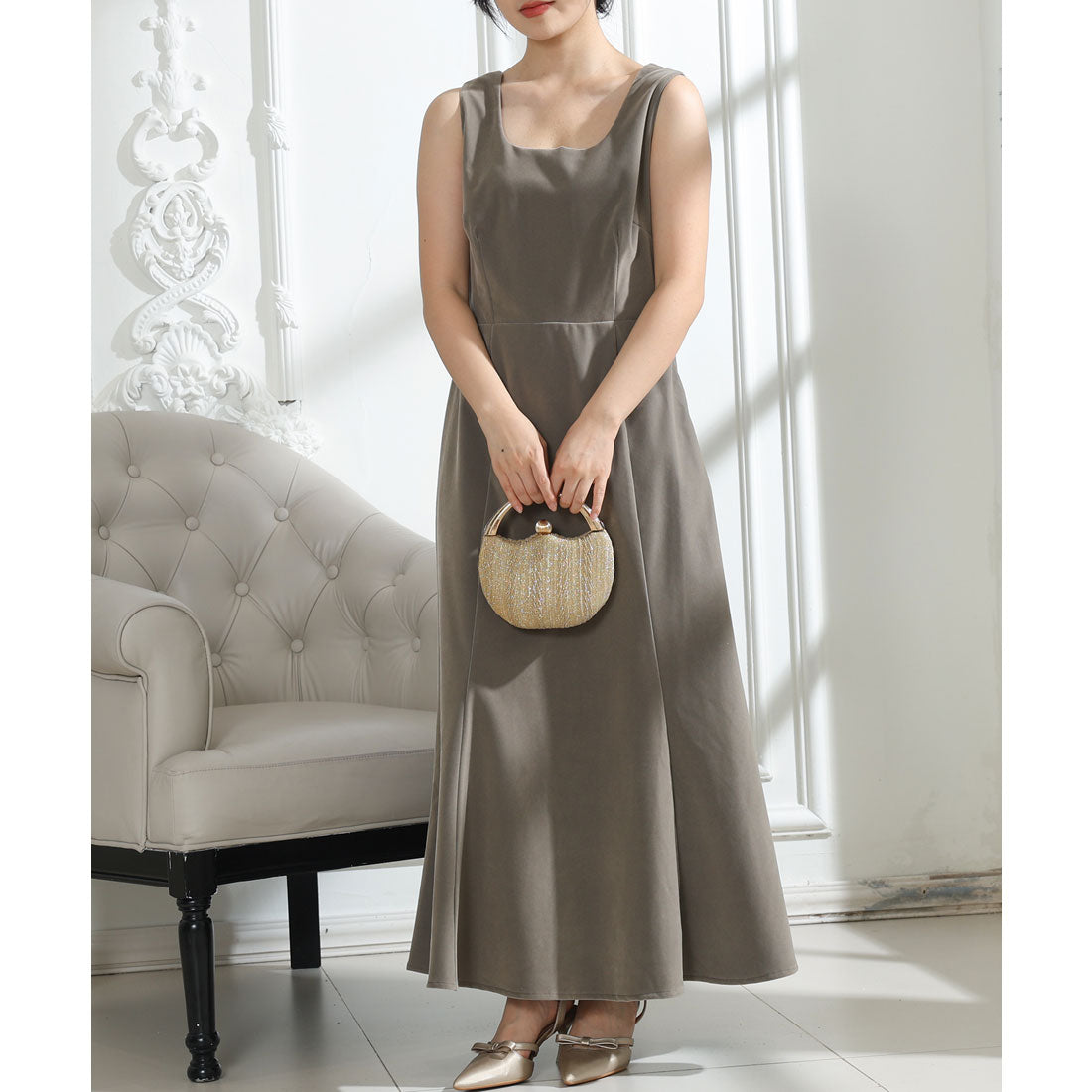 レースレディース Lace Ladies ベロア シアー フリルケープ付き ノースリーブ ドレス 3点セット （オリーブ） オリーブ