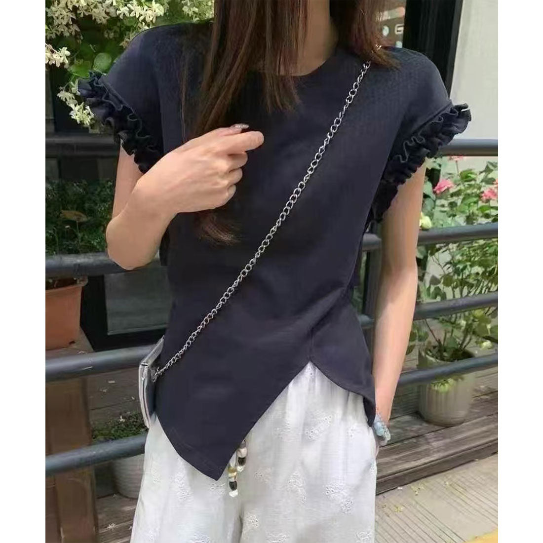 レースレディース Lace Ladies フリル アシメ スリット バックコンシャス カットソー （ネイビー） ネイビー