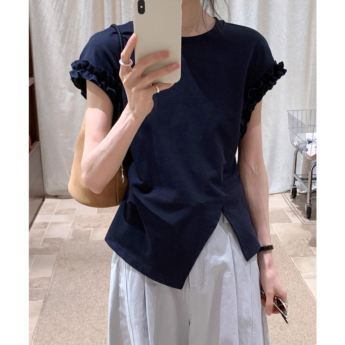 レースレディース Lace Ladies フリル アシメ スリット バックコンシャス カットソー （ネイビー） ネイビー