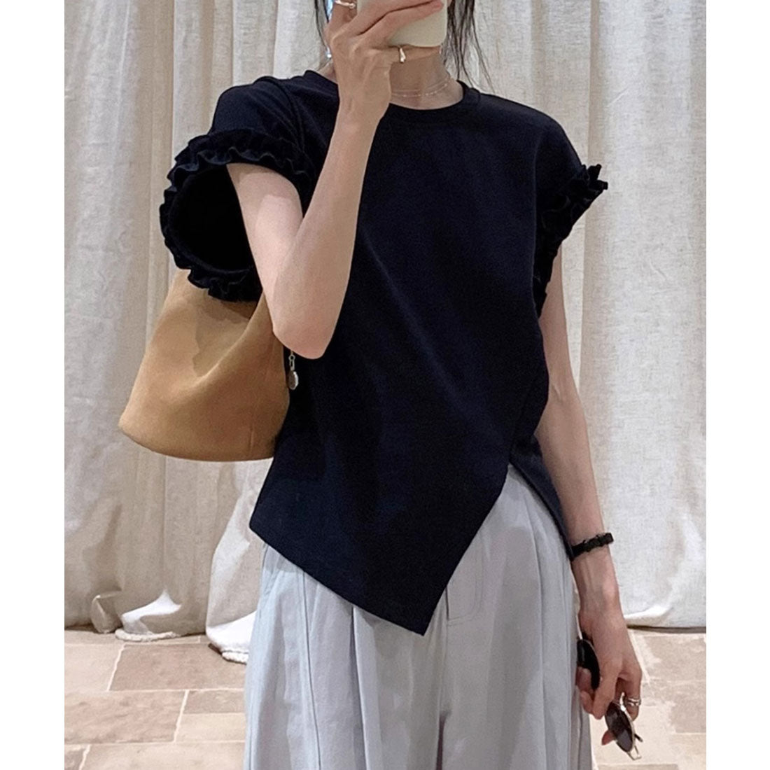 レースレディース Lace Ladies フリル アシメ スリット バックコンシャス カットソー （ネイビー） ネイビー