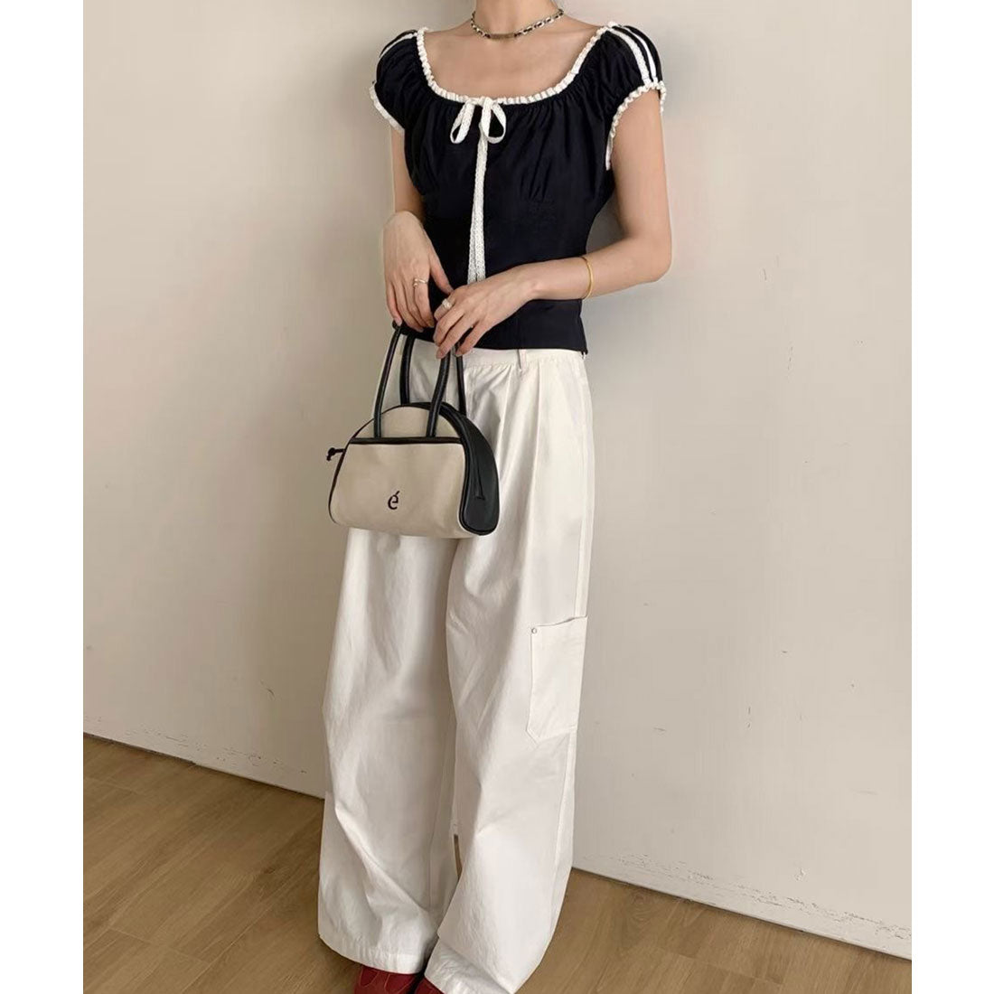 レースレディース Lace Ladies フロント リボン レース パフスリーブ カットソー （ネイビー） ネイビー