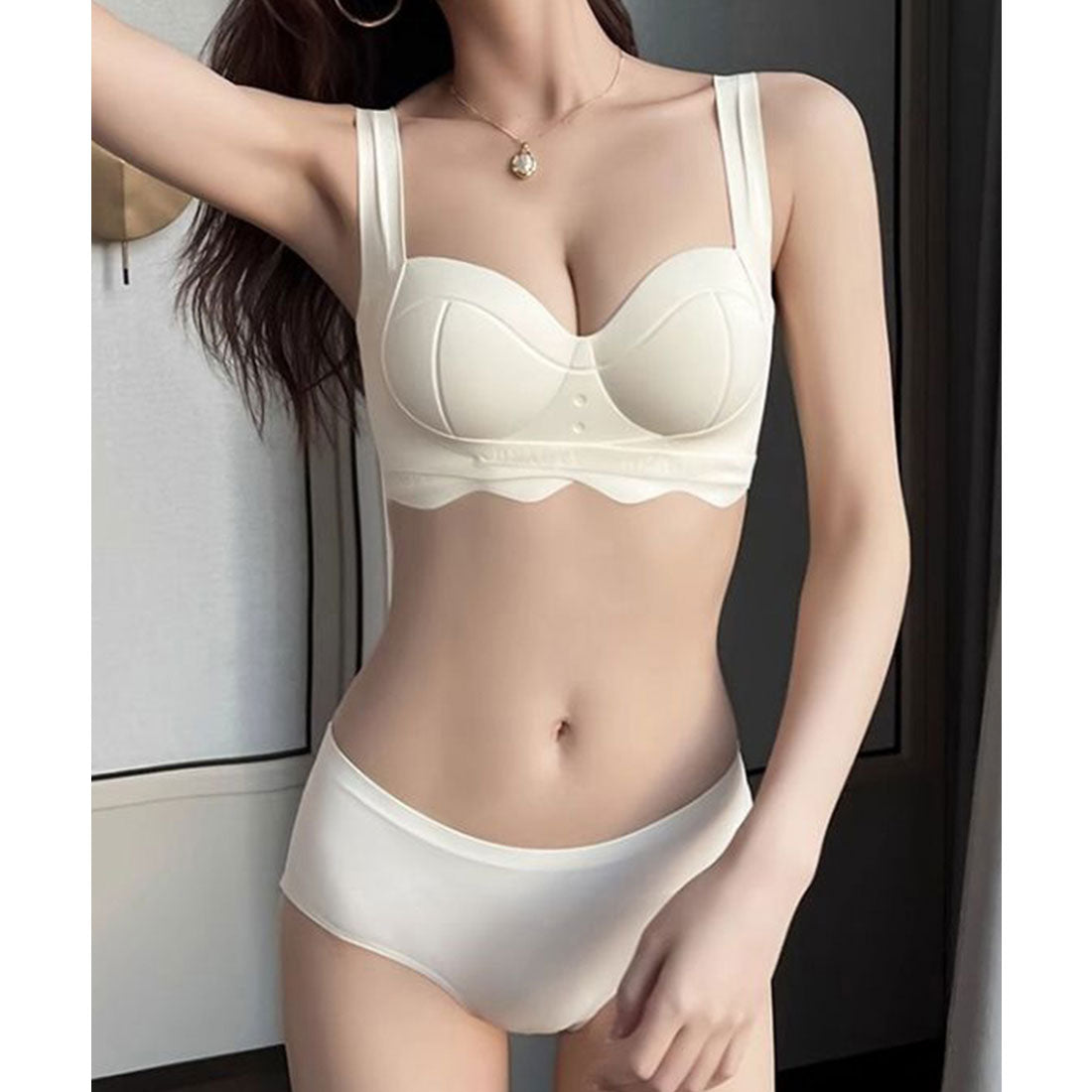 レースレディース Lace Ladies 【2点セット】アンダー ウエーブ 脇高 3/4 ブラジャー&ショーツ （アイボリー） アイボリー