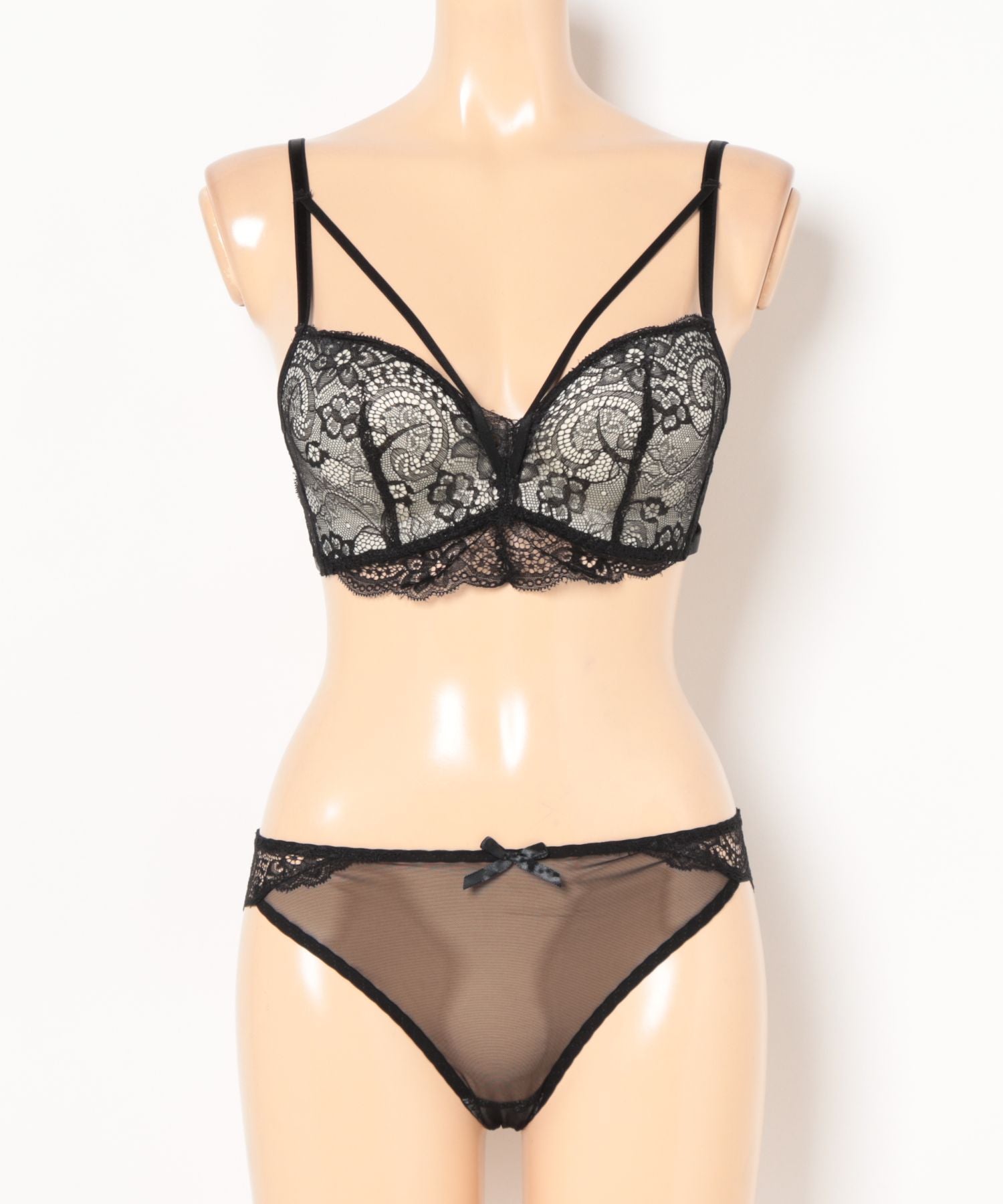 レースレディース Lace Ladies 【2点セット】ボタニカル レース ストラップ ブラジャー&ショーツ【返品不可商品】 （ブラック×ベージュ） ブラック×ベージュ