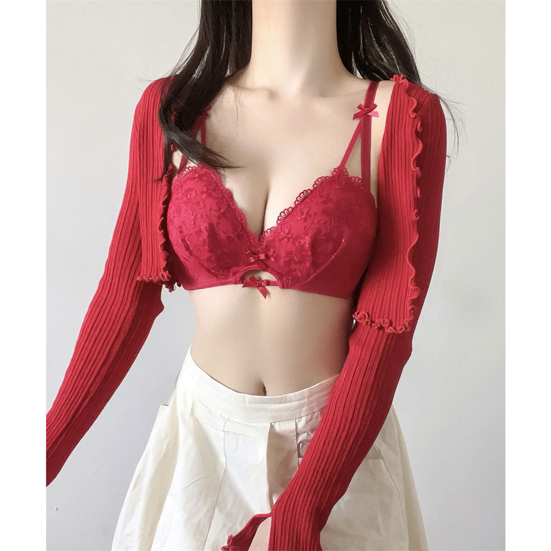 レースレディース Lace Ladies 【2点セット】ソリッドカラー フラワー 刺繍 ブラジャー&ショーツ【返品不可商品】 （レッド） レッド