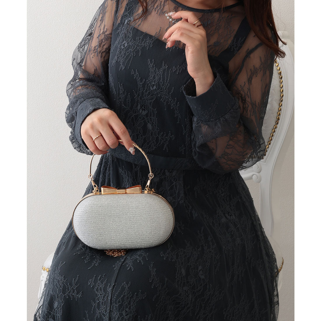 レースレディース Lace Ladies 3WAY ラメ リボン オーバル パーティー バッグ （シルバー） シルバー