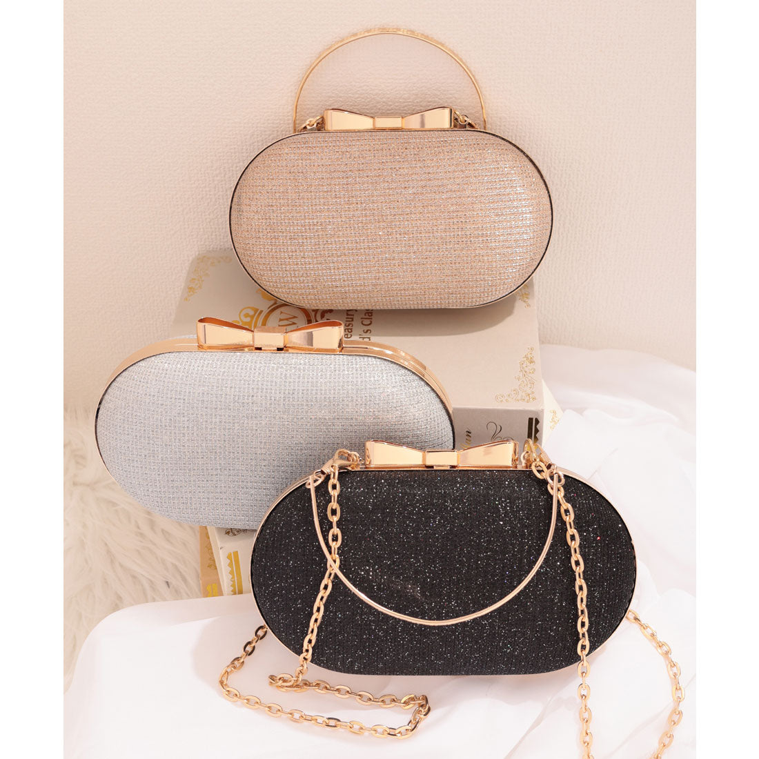 レースレディース Lace Ladies 3WAY ラメ リボン オーバル パーティー バッグ （シルバー） シルバー
