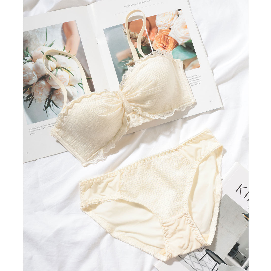 レースレディース Lace Ladies 【2点セット】2WAY リボン風 フリル 1/2 ブラ&ショーツ （ベージュ） ベージュ