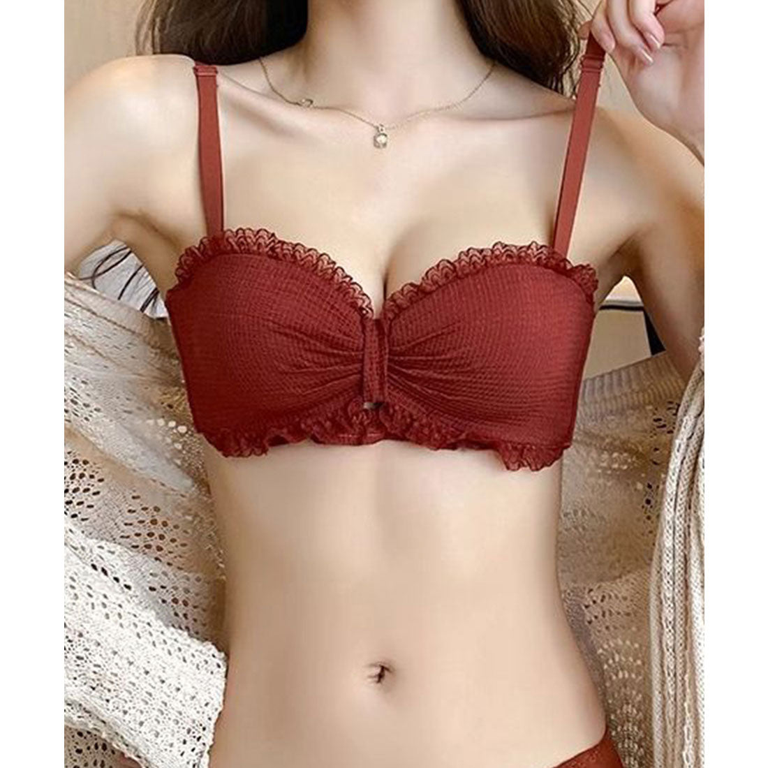 レースレディース Lace Ladies 【2点セット】2WAY リボン風 フリル 1/2 ブラ&ショーツ （ワインレッド） ワインレッド