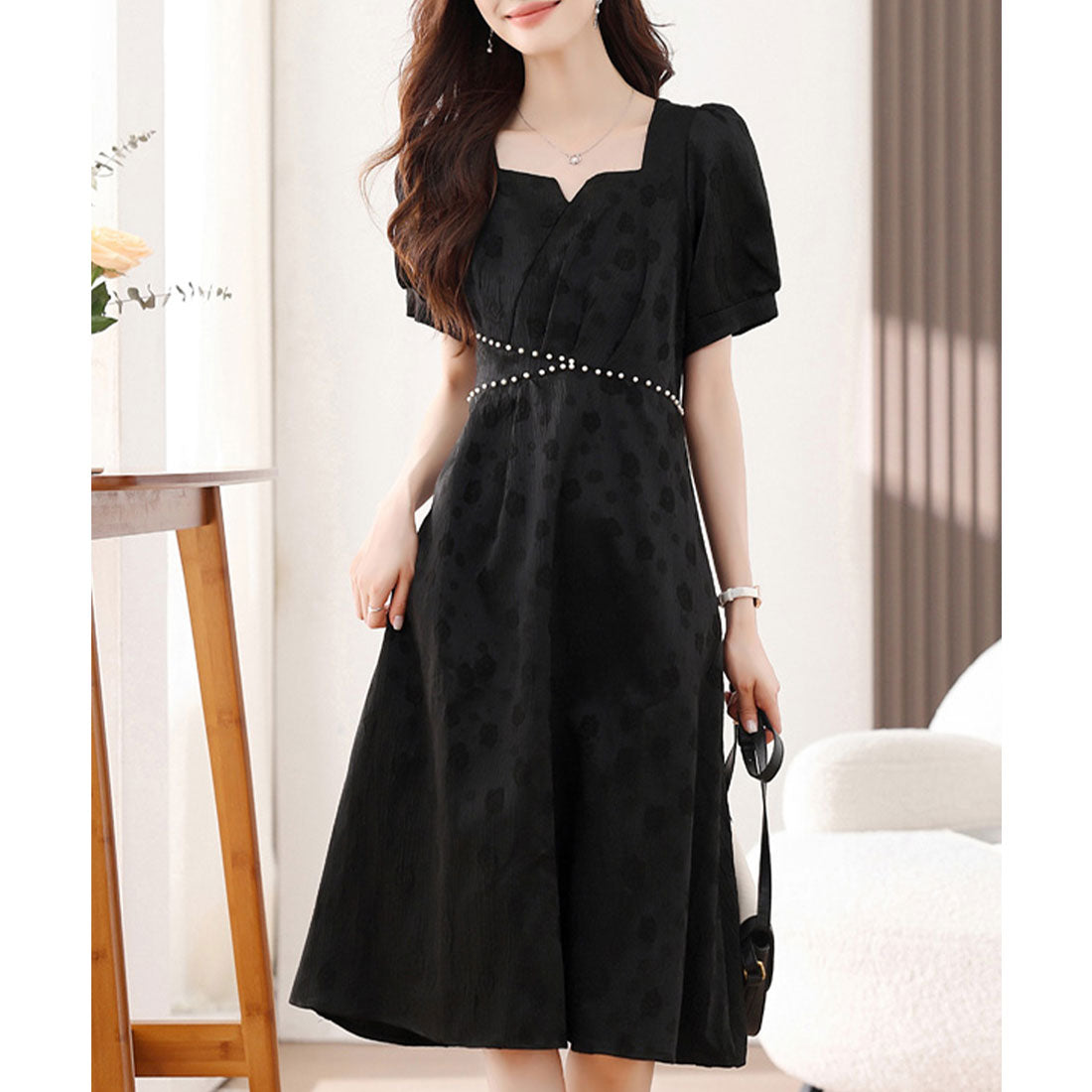 レースレディース Lace Ladies 変形ドット ラインストーン パフスリーブ ミモレ丈 ワンピース （ブラック） ブラック