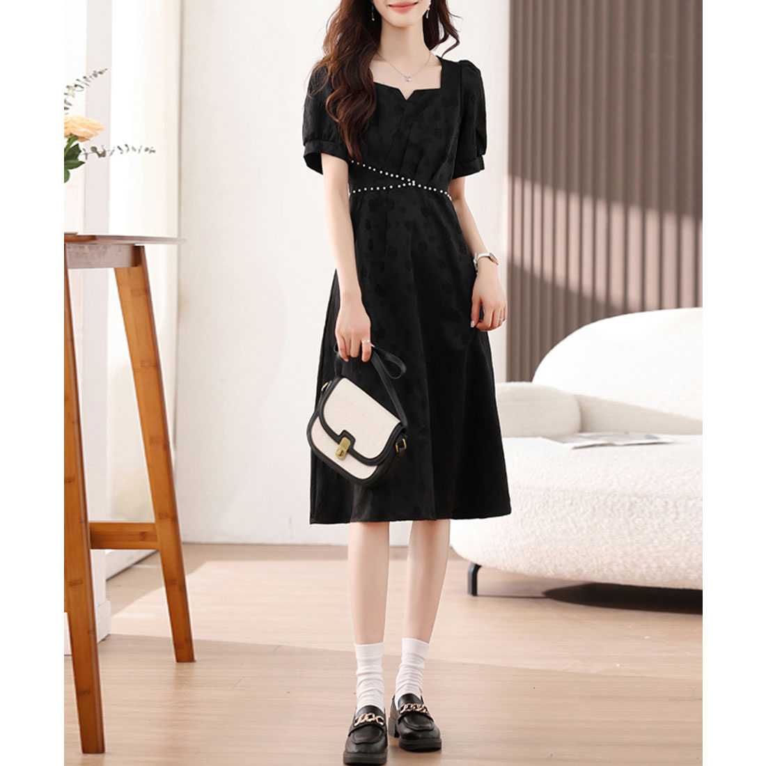 レースレディース Lace Ladies 変形ドット ラインストーン パフスリーブ ミモレ丈 ワンピース （ブラック） ブラック