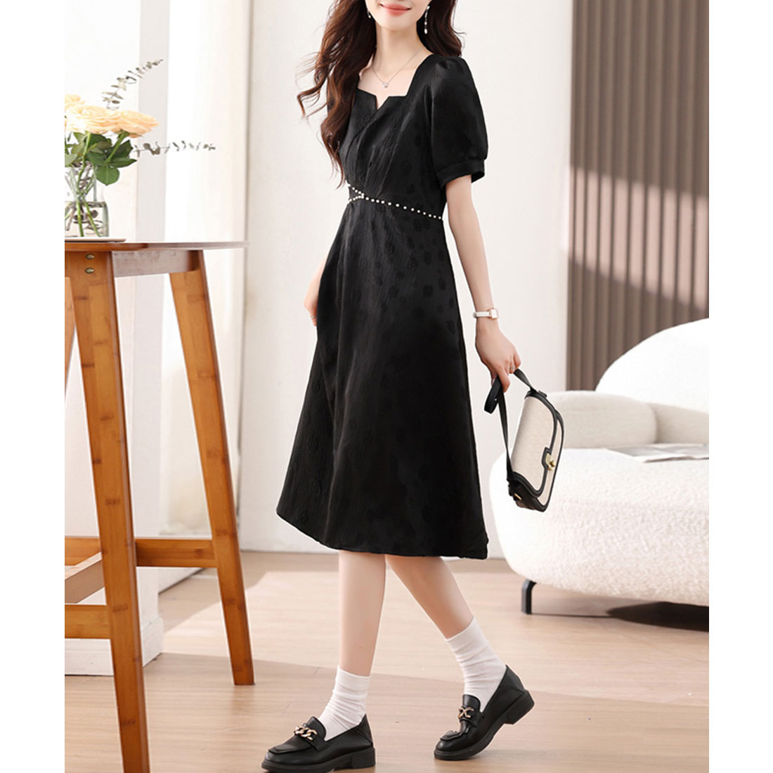 レースレディース Lace Ladies 変形ドット ラインストーン パフスリーブ ミモレ丈 ワンピース （ブラック） ブラック