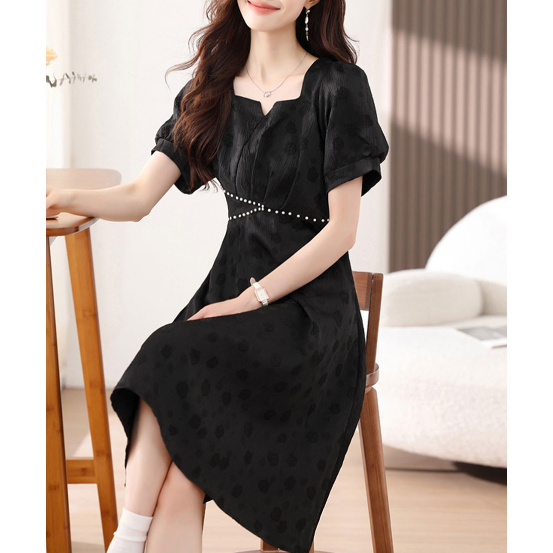 レースレディース Lace Ladies 変形ドット ラインストーン パフスリーブ ミモレ丈 ワンピース （ブラック） ブラック