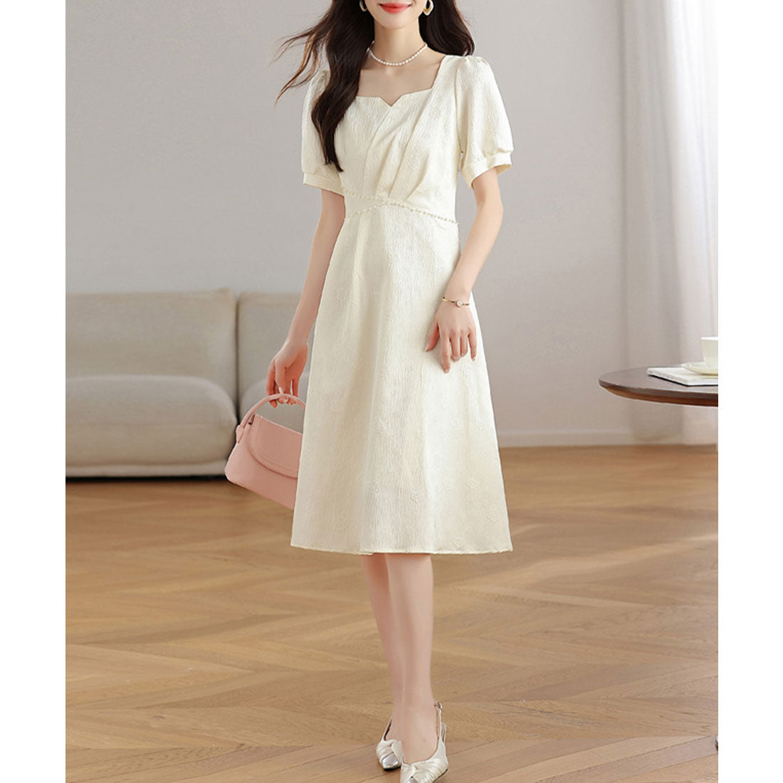 レースレディース Lace Ladies 変形ドット ラインストーン パフスリーブ ミモレ丈 ワンピース （アイボリー） アイボリー