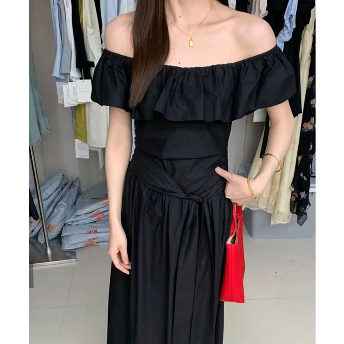 レースレディース Lace Ladies フリル ウエストリボン オフショル ロング ワンピース （ブラック） ブラック