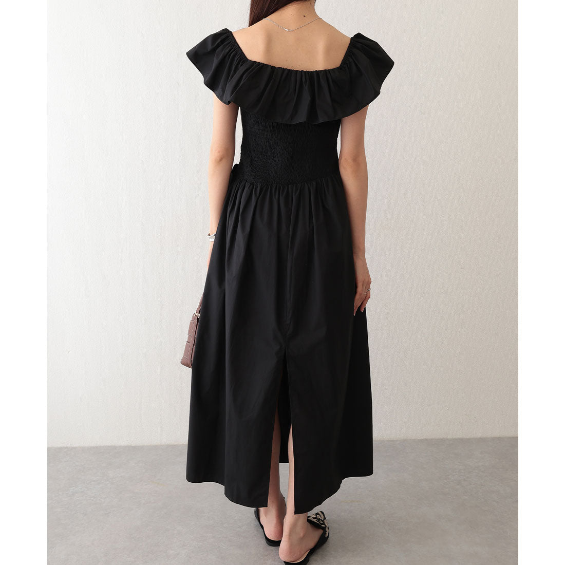 レースレディース Lace Ladies フリル ウエストリボン オフショル ロング ワンピース （ブラック） ブラック