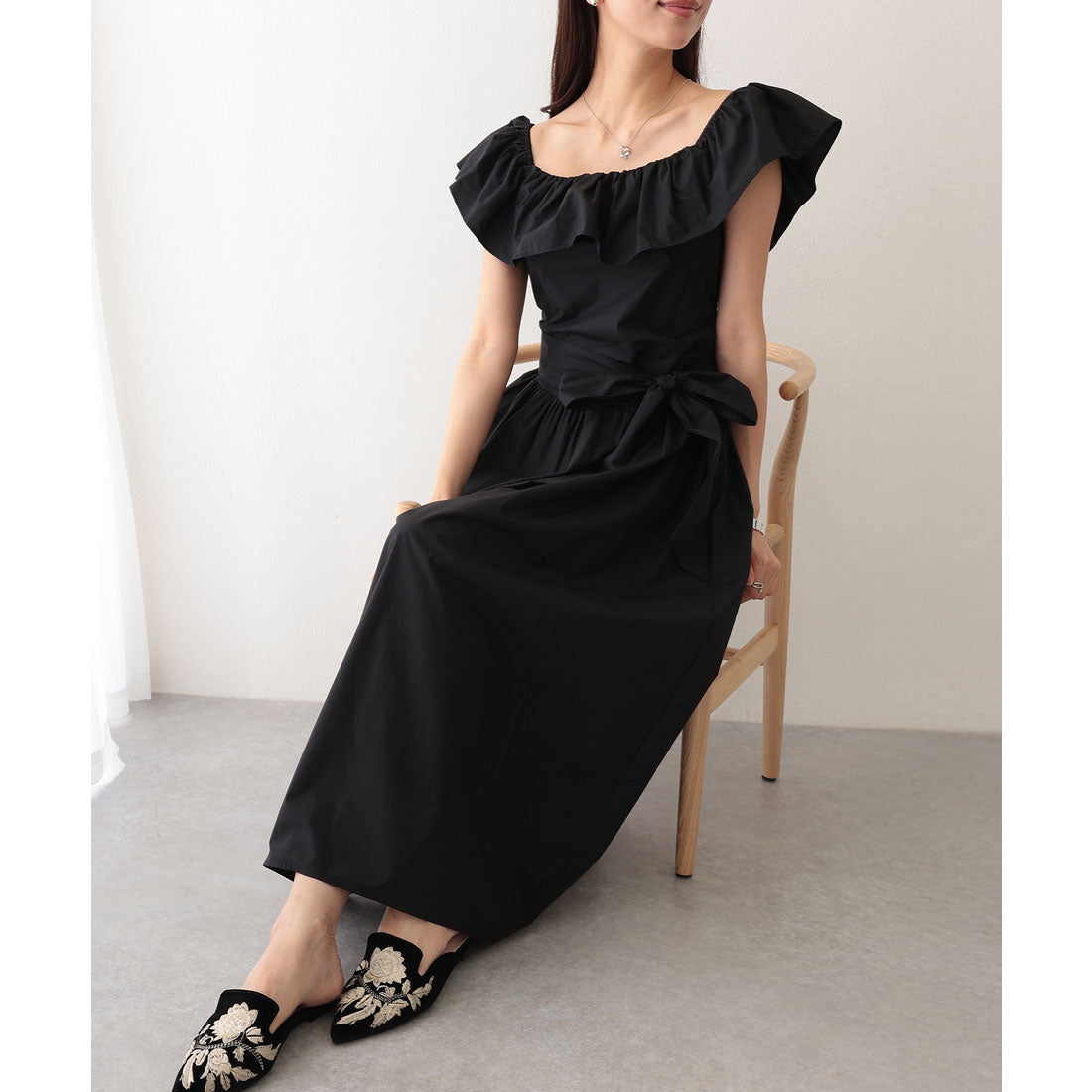 レースレディース Lace Ladies フリル ウエストリボン オフショル ロング ワンピース （ブラック） ブラック