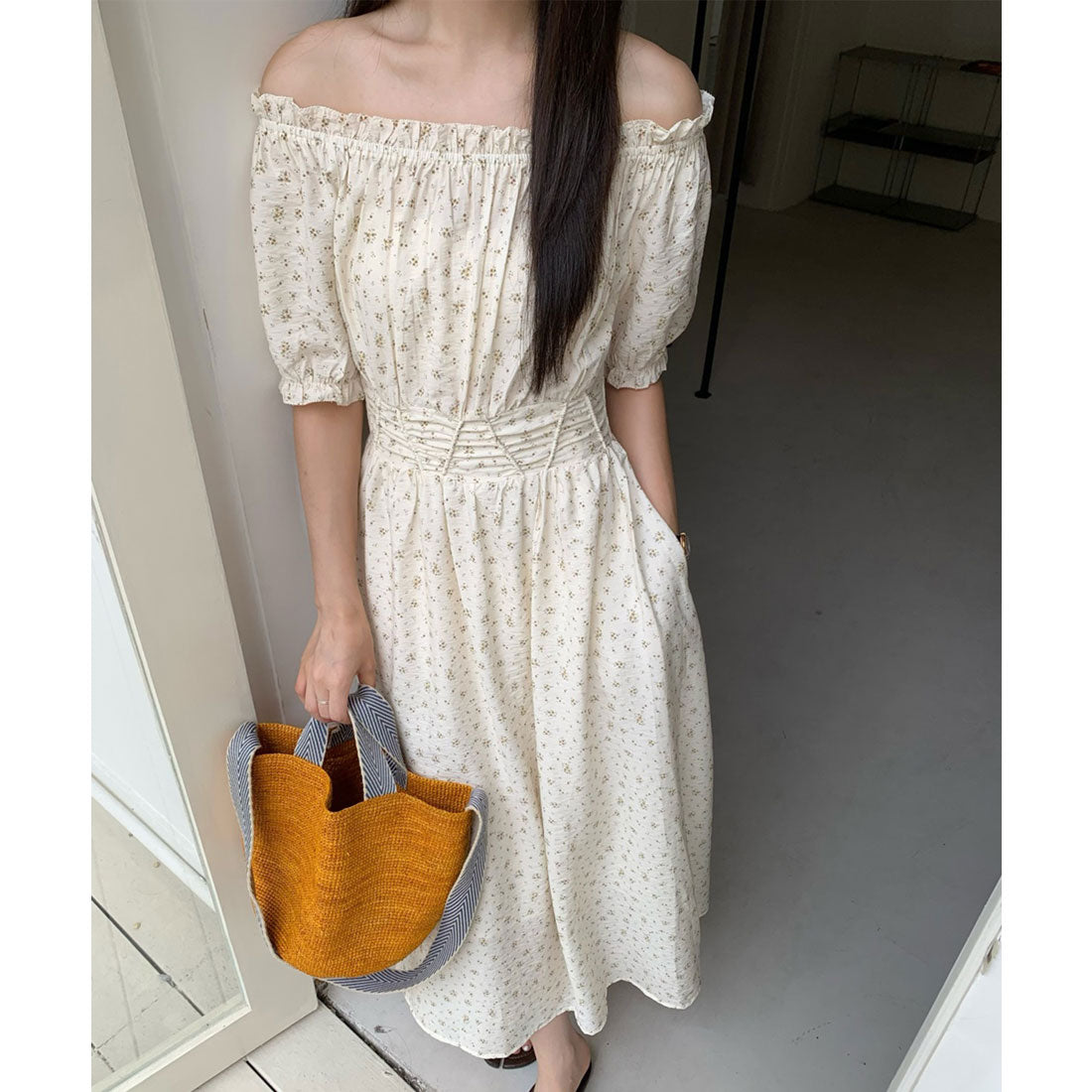 レースレディース Lace Ladies 小花柄 ギャザー オフショル パフスリーブ ロング ワンピース （アイボリー） アイボリー