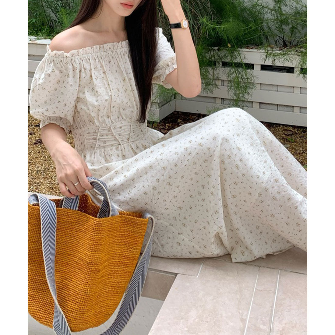 レースレディース Lace Ladies 小花柄 ギャザー オフショル パフスリーブ ロング ワンピース （アイボリー） アイボリー