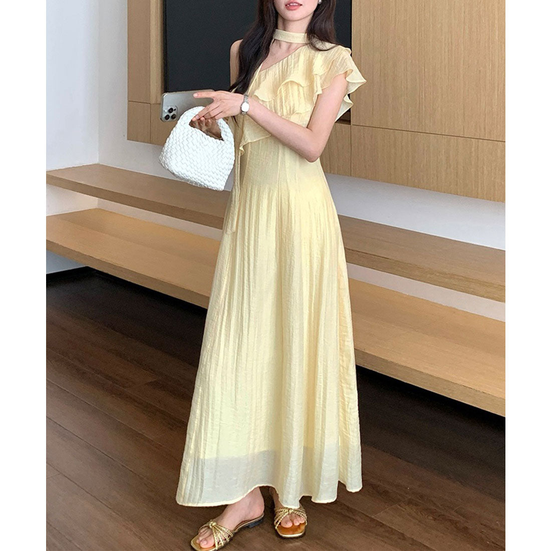 レースレディース Lace Ladies チョーカーネック アシメ フリル ロング ワンピース （イエロー） イエロー