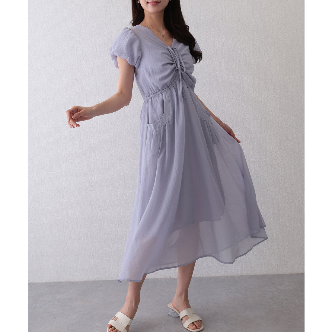 レースレディース Lace Ladies フロント ギャザー リボン パフスリーブ ワンピース （ラベンダー） ラベンダー