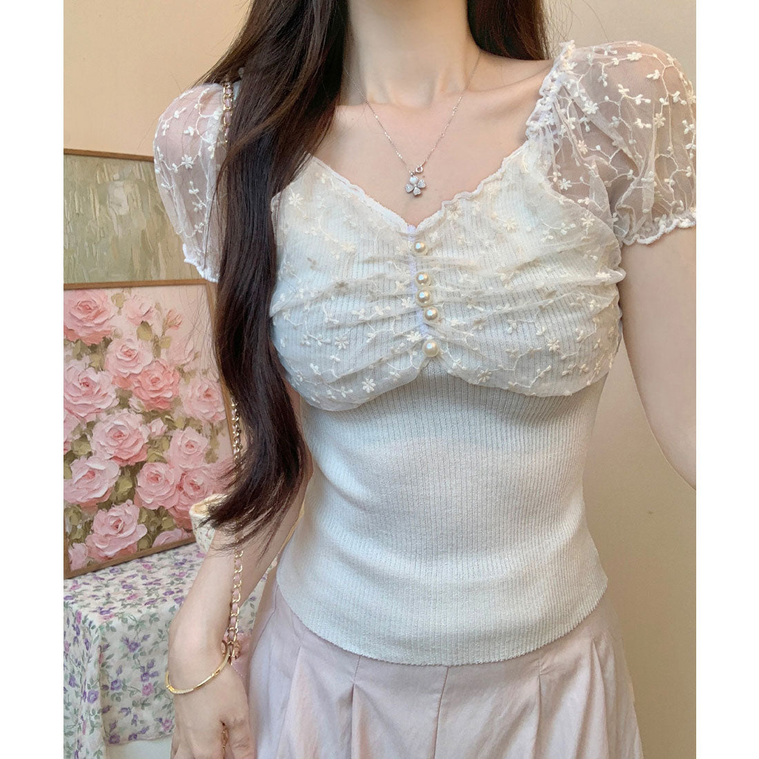 レースレディース Lace Ladies 花柄 シフォン パール付き パフ袖 リブ トップス （アイボリー） アイボリー