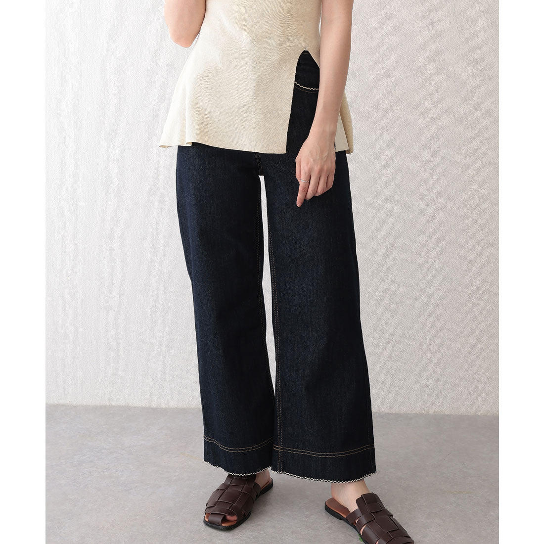 レースレディース Lace Ladies レース ステッチ ハイウエスト セミワイド デニム パンツ （ネイビー） ネイビー