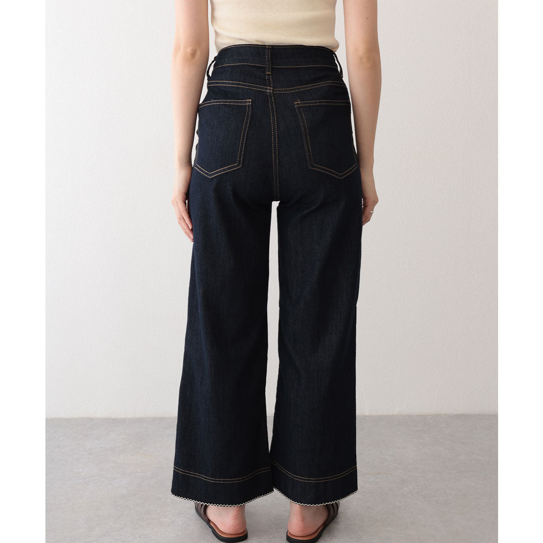 レースレディース Lace Ladies レース ステッチ ハイウエスト セミワイド デニム パンツ （ネイビー） ネイビー