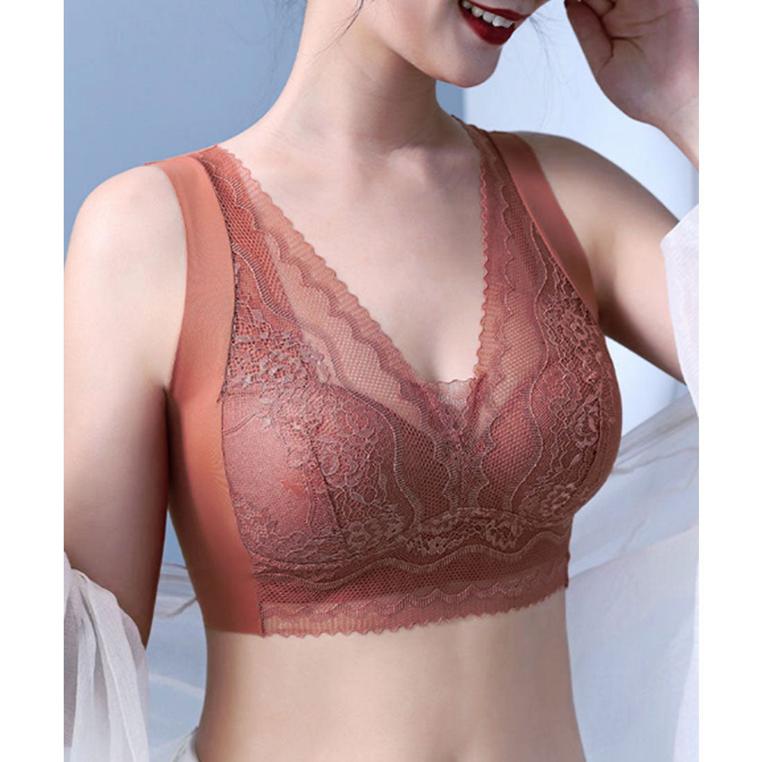 レースレディース Lace Ladies Vネック レース ドッキング ノンワイヤー ブラ （キャメル） キャメル