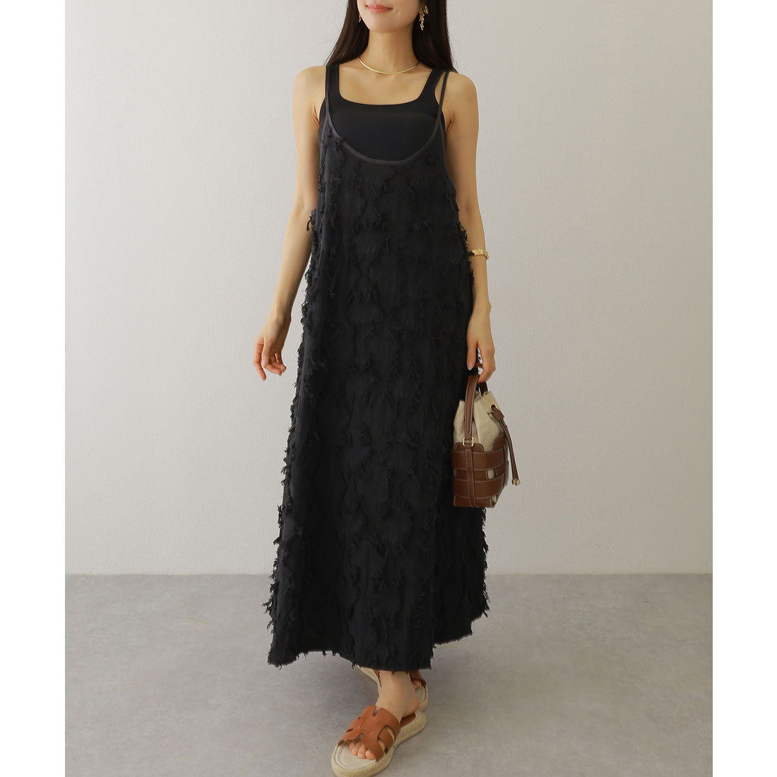 レースレディース Lace Ladies フリンジ デザイン マキシ丈 キャミソール ワンピース （ブラック） ブラック