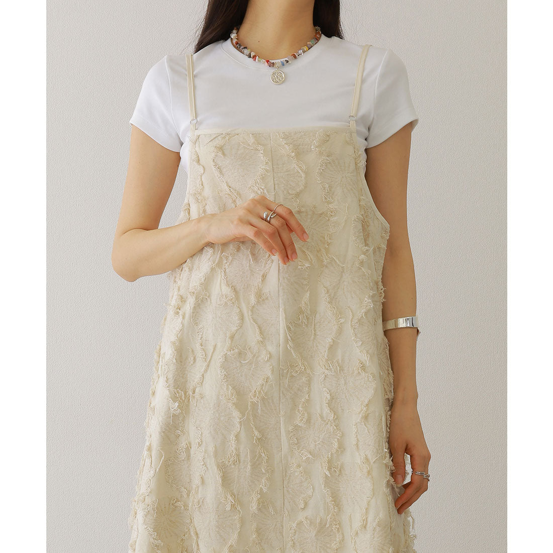 レースレディース Lace Ladies フリンジ デザイン マキシ丈 キャミソール ワンピース （アイボリー） アイボリー